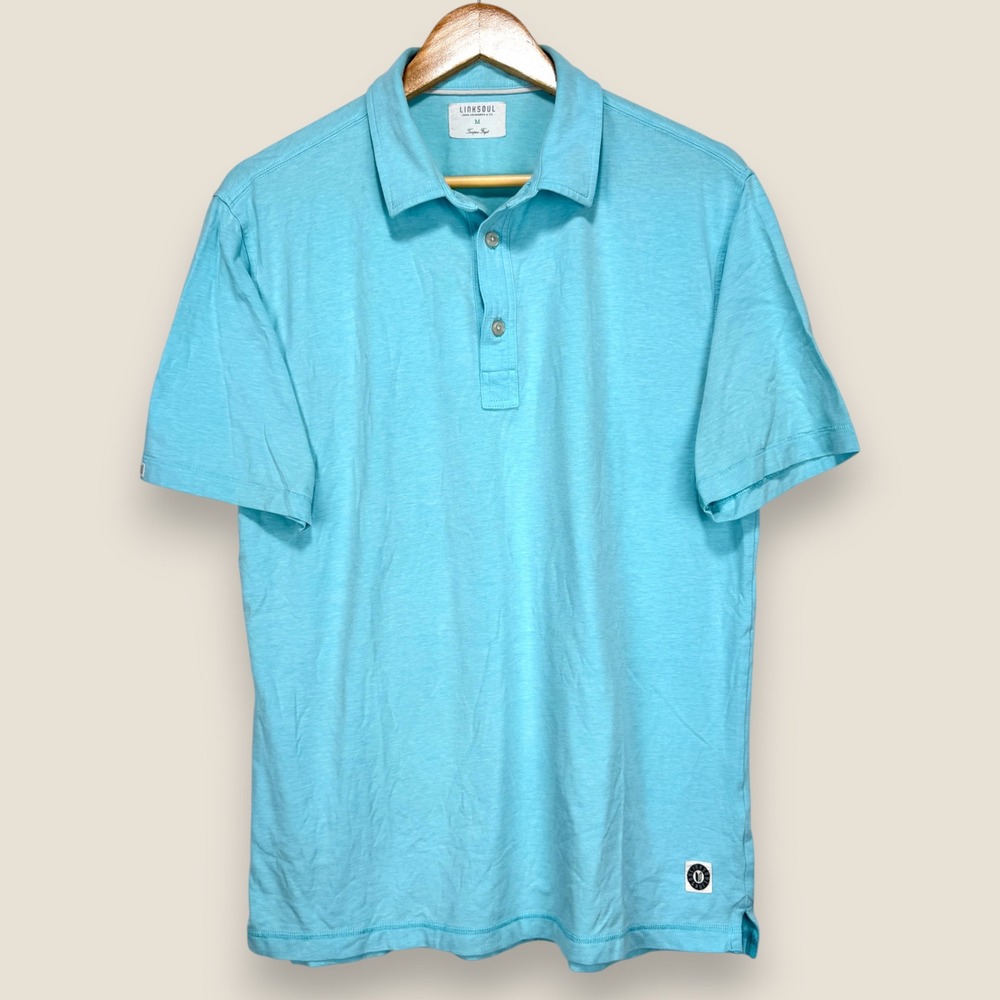 Linksoul Polo Shirt Men Medium Aqua Blue Turquoise Cotton‎ Blend Golf Stretch